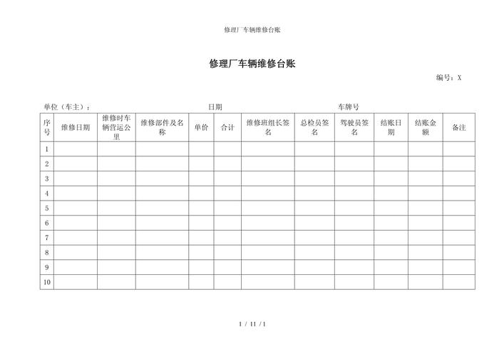 修理廠車輛維修臺賬參考模板范本（汽車維修）